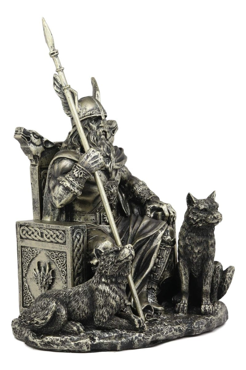 Ebros Gift Norse Viking Mythology Odin The Alfather Sitting On A Throne with Two Wolf Dogs Statue Norselandic Folklore Thor Ragnarok Trilogy Wotan Decorative Figurine 10.5" High - Image 4
